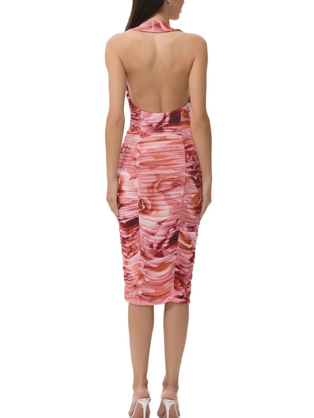 AFRM Balmer Ruched Halter Midi Dress, Peach Roses - Picture 4 of 11